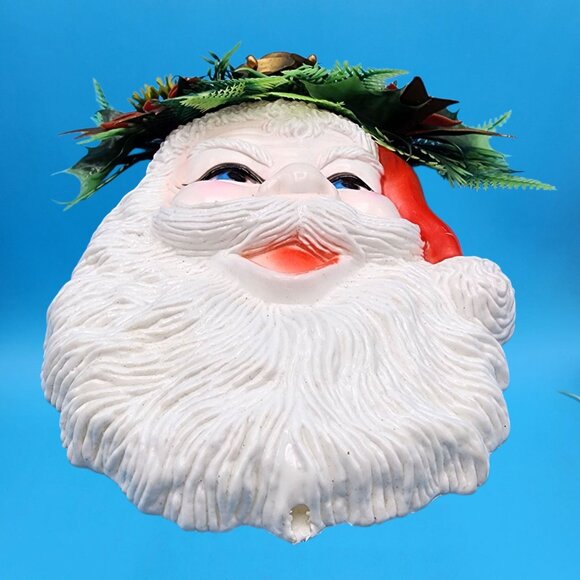 Vintage 1970s Santa Claus Wall Decor Bells & Flocked Poinsettias Noel Hong Kong - Picture 6 of 10